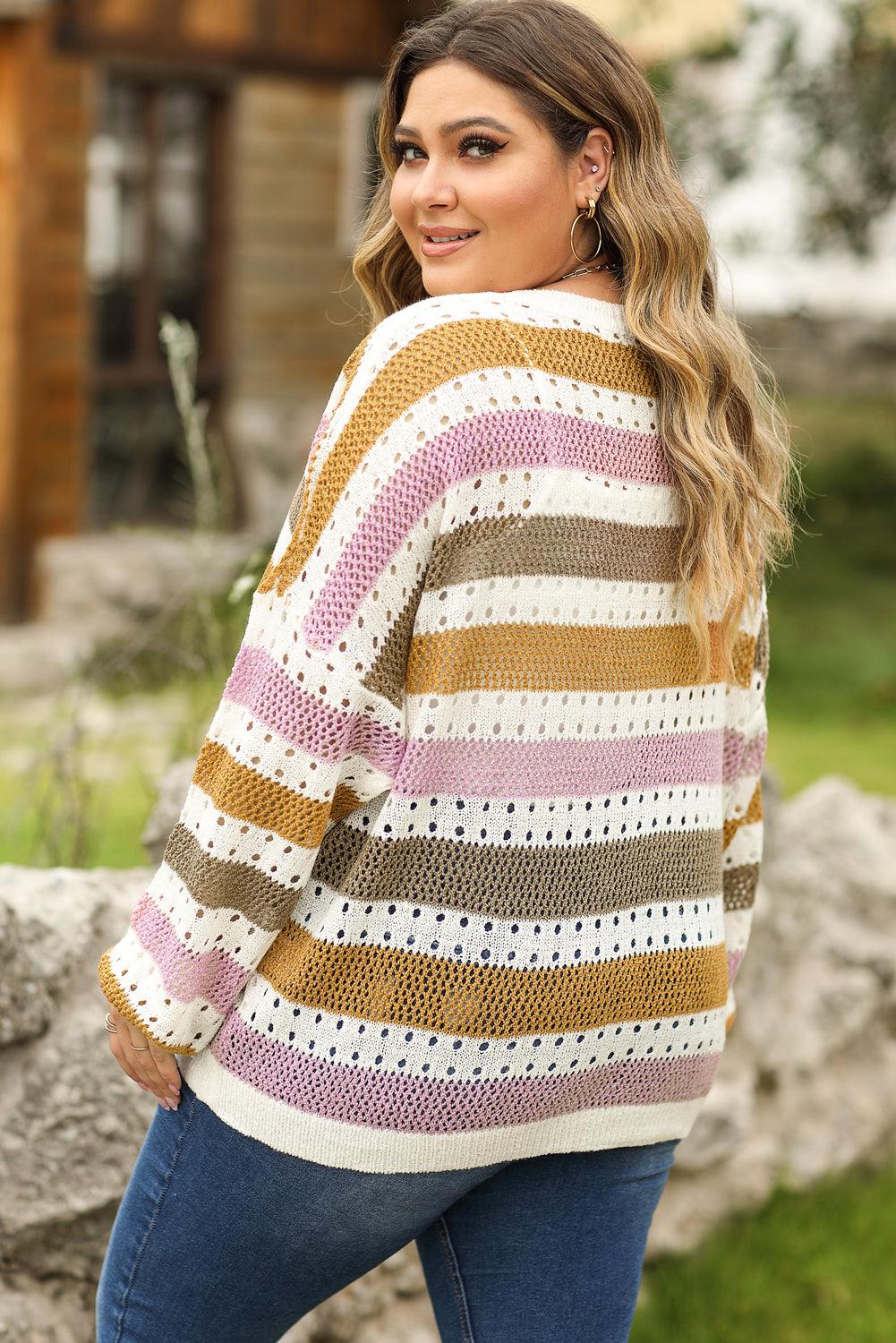 Multicolor Plus Size Striped Hollowed Knitted Loose Sweater - L & M Kee, LLC