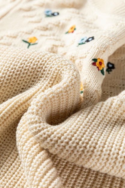 Jet Stream Mixed Texture Knit Flower Embroidered Detail Casual Sweater