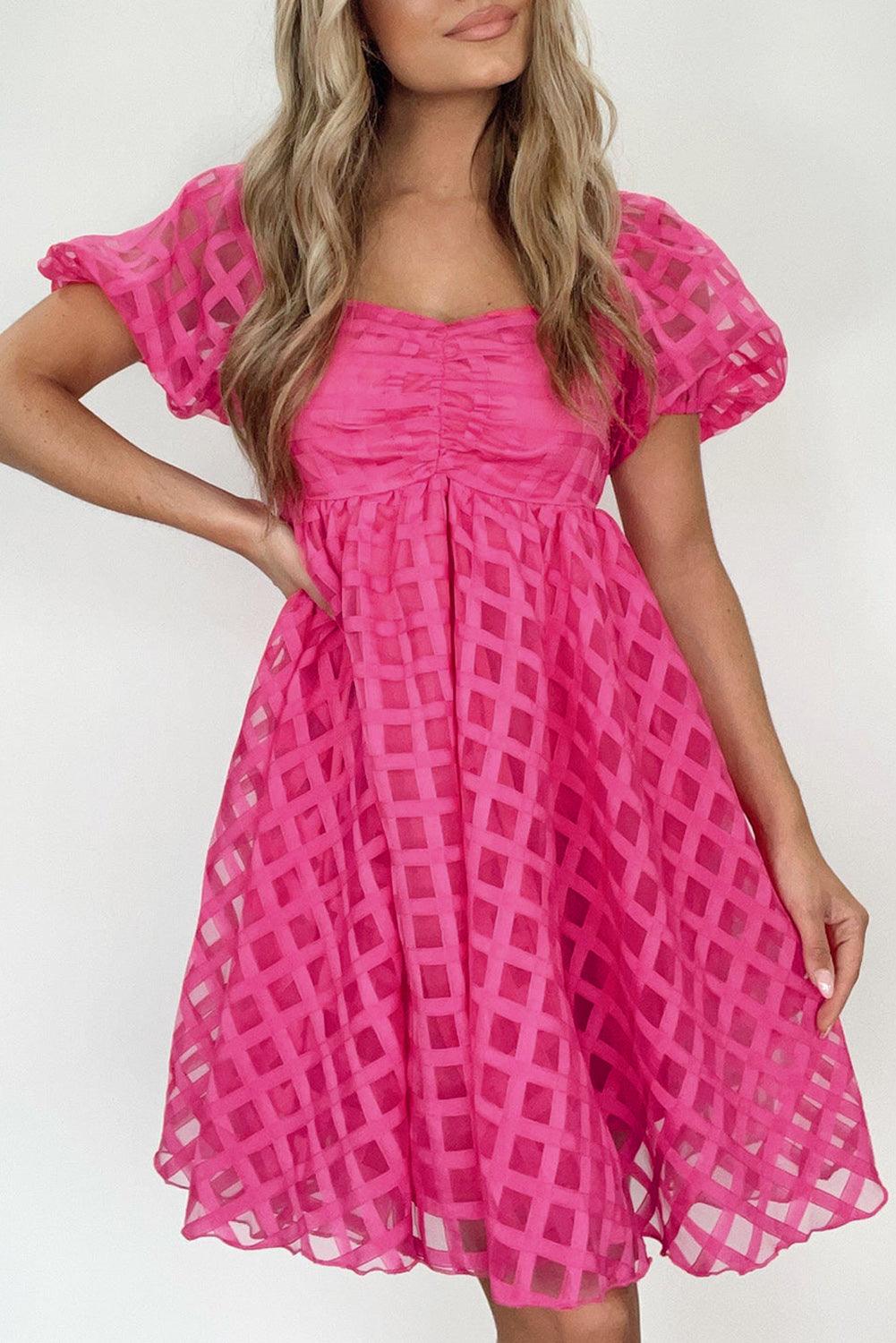 Strawberry Pink Checkered Puff Sleeve Babydoll Dress - L & M Kee, LLC