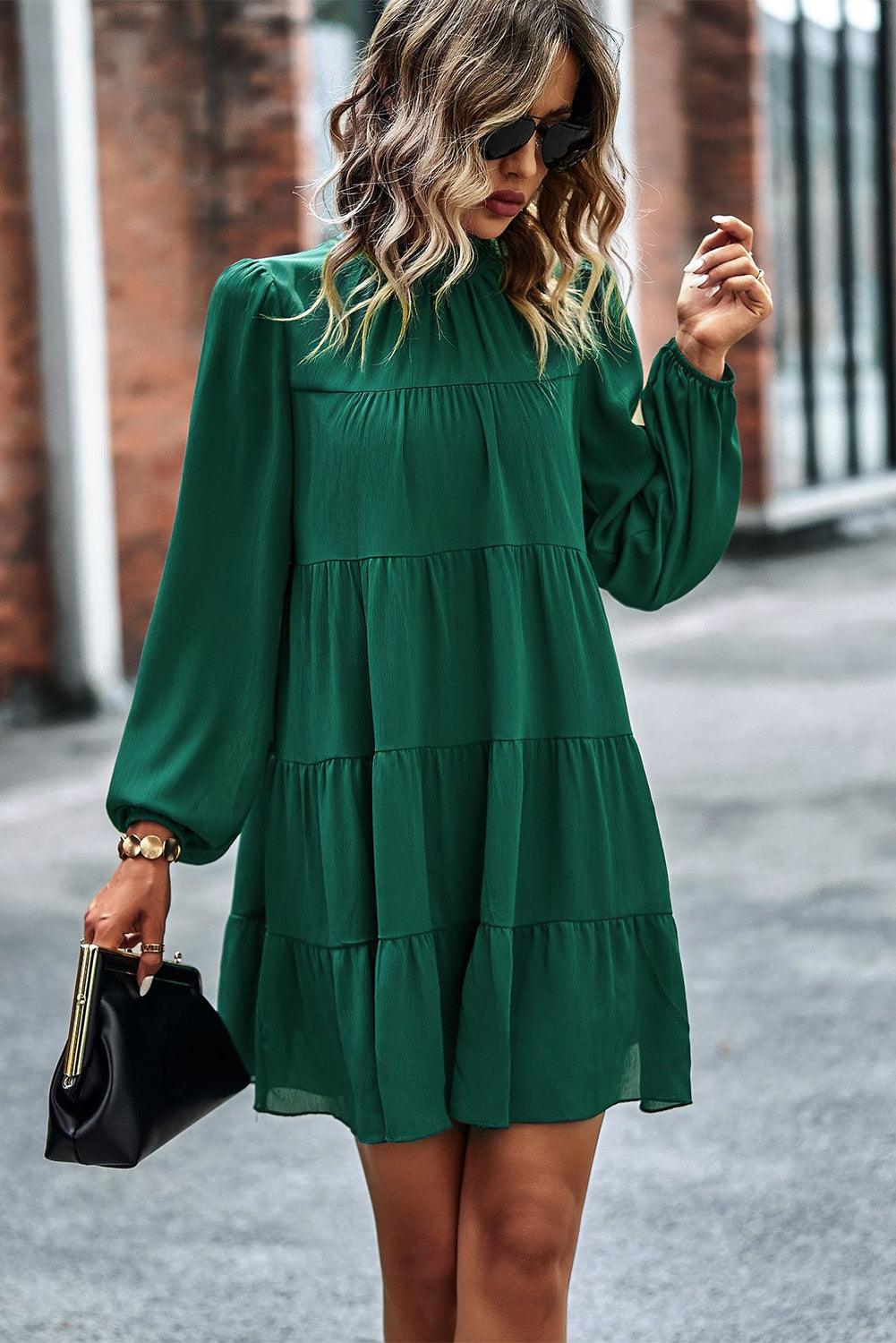 Green Puff Sleeve Mock Neck Back Knot Tiered Dress - L & M Kee, LLC