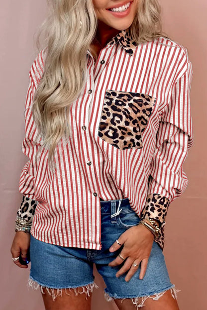 Racing Red Striped Leopard Print Patchwork Button Up Womens Shirt