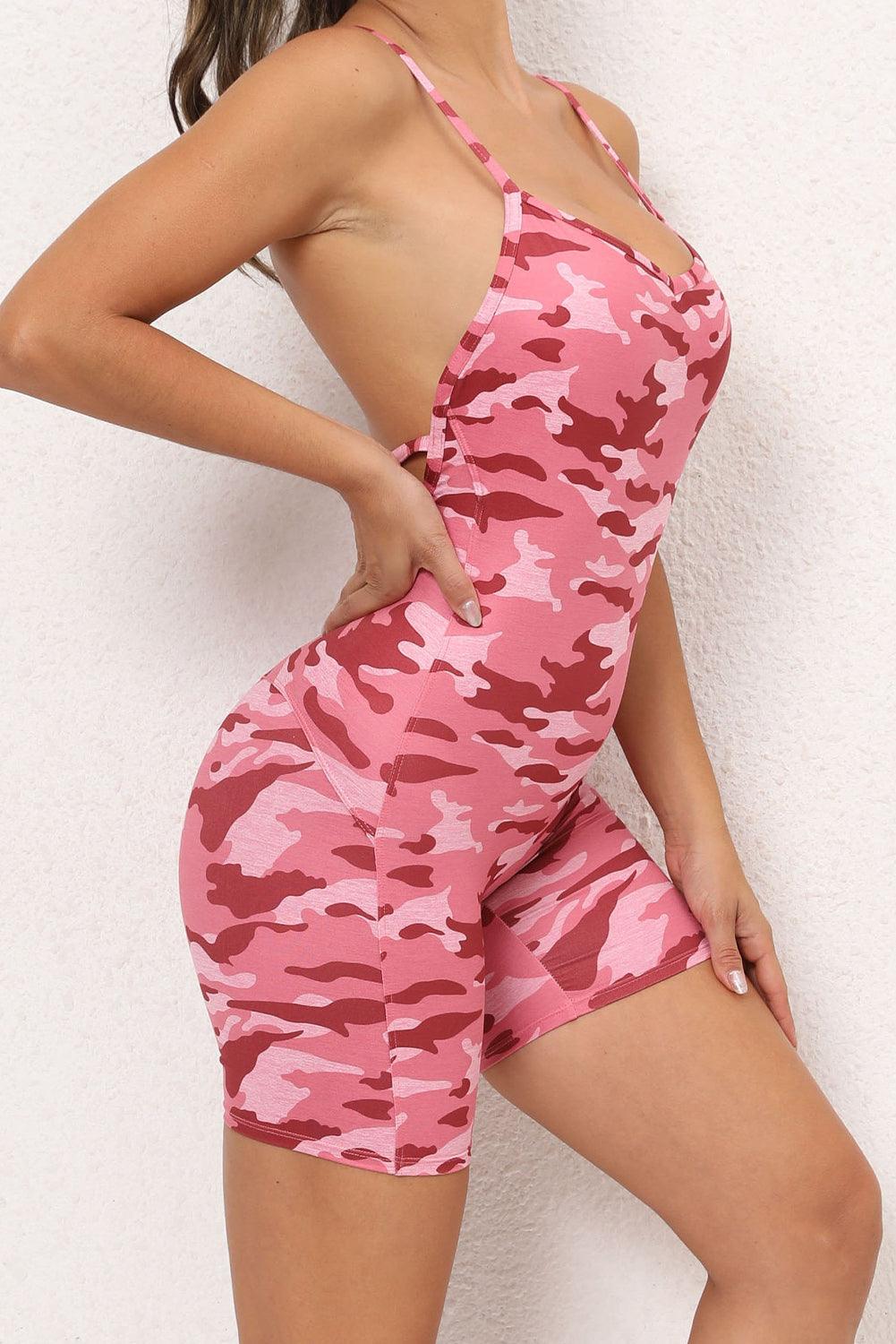 Pink Camouflage/Solid Strappy Open Back Active Romper
