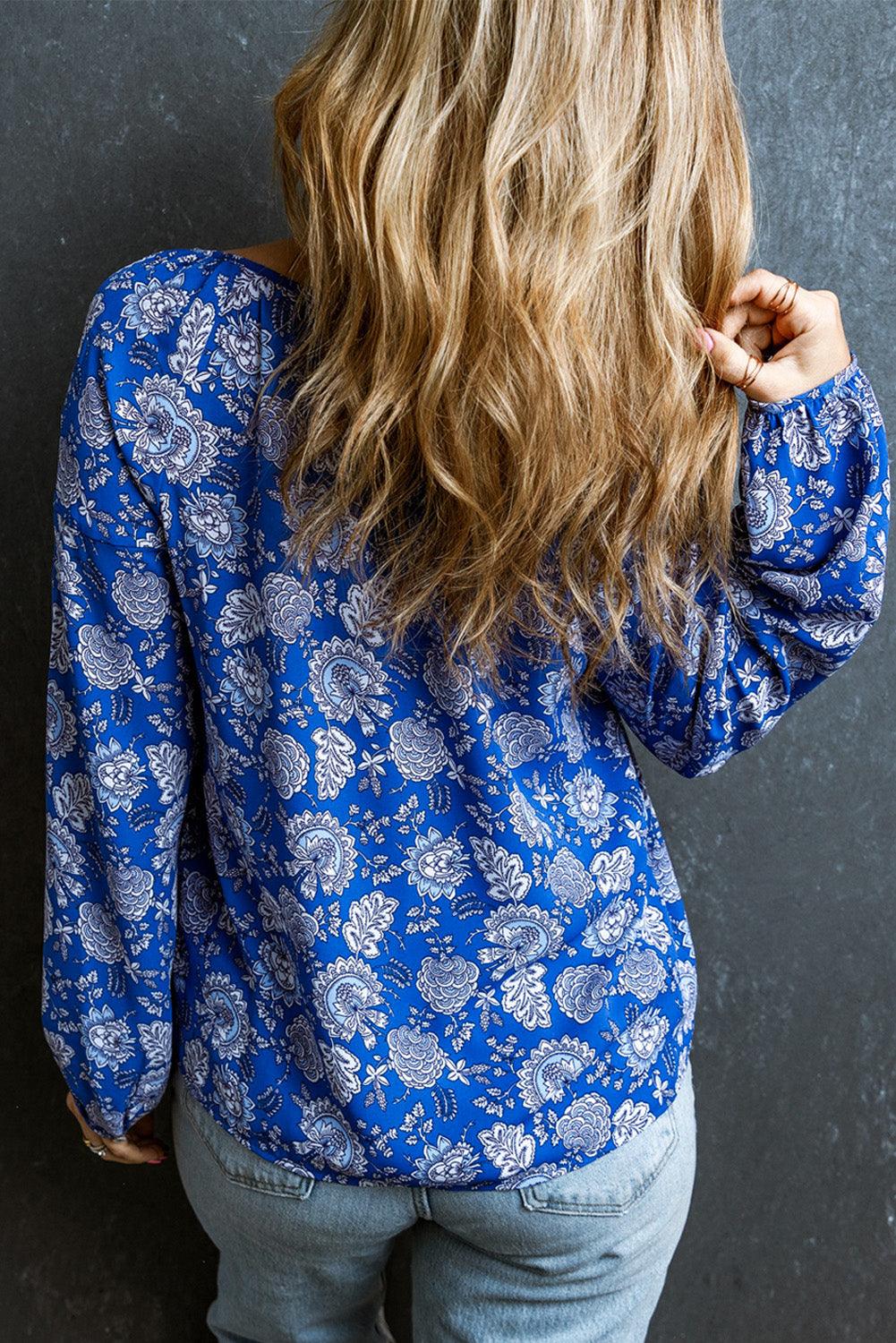 Blue Floral Notched V-Neck Long Sleeve Blouse - L & M Kee, LLC