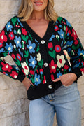 Black Floral Print V Neck Buttoned Short Cardigan Sweater