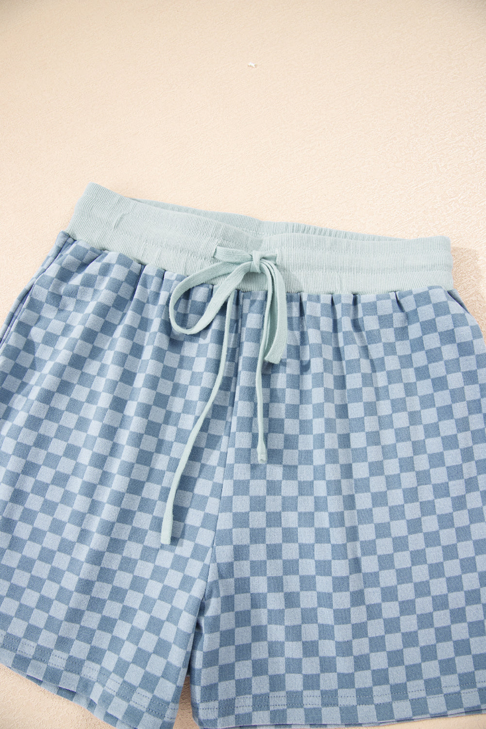 Sky Blue Checkerboard Long Sleeve Pullover and Shorts Set