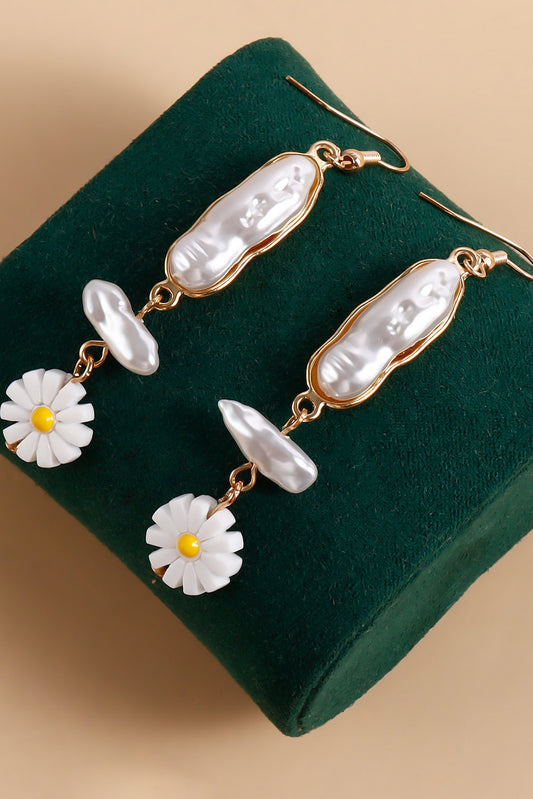 White Faux Baroque Pearl Daisy Plated Earrings and Necklace Set