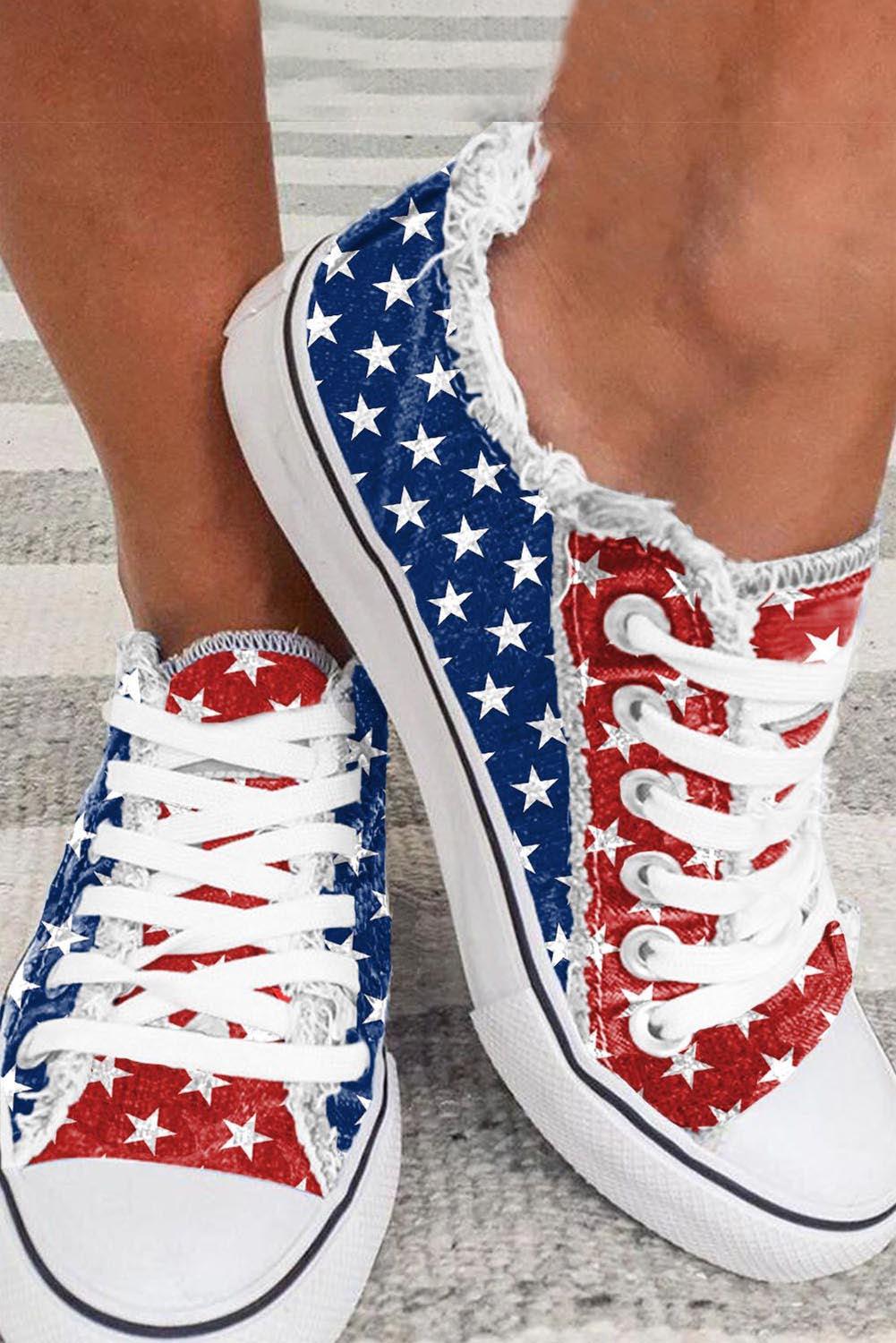 Multicolor American Flag Stars Printed Frayed Detail Lace-up Shoes - L & M Kee, LLC