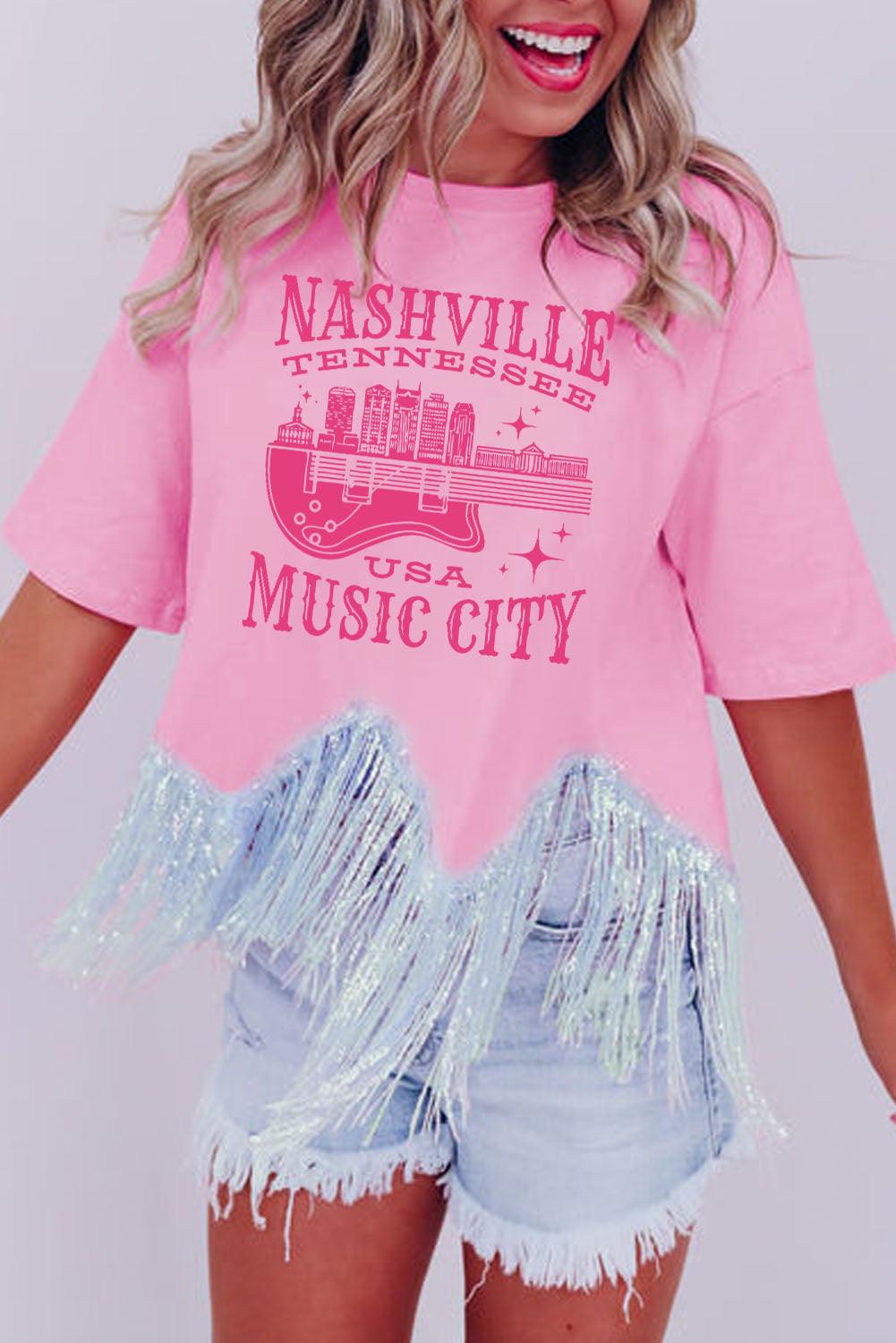 Pink NASHVILE MUSIC CITY Graphic Sequin Fringed Hem Tee - L & M Kee, LLC