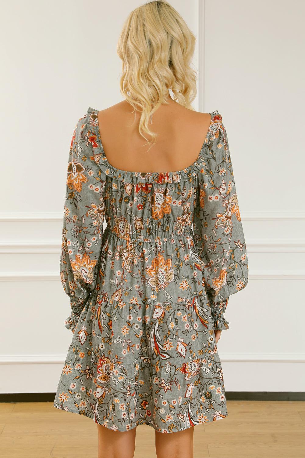 Multicolour Floral Long Sleeve Frilled U-Neck Ruffled Dress - L & M Kee, LLC