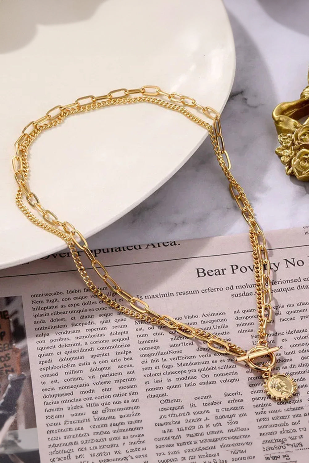 Gold Plated Vintage Carved Coin Pendant Chain Necklace