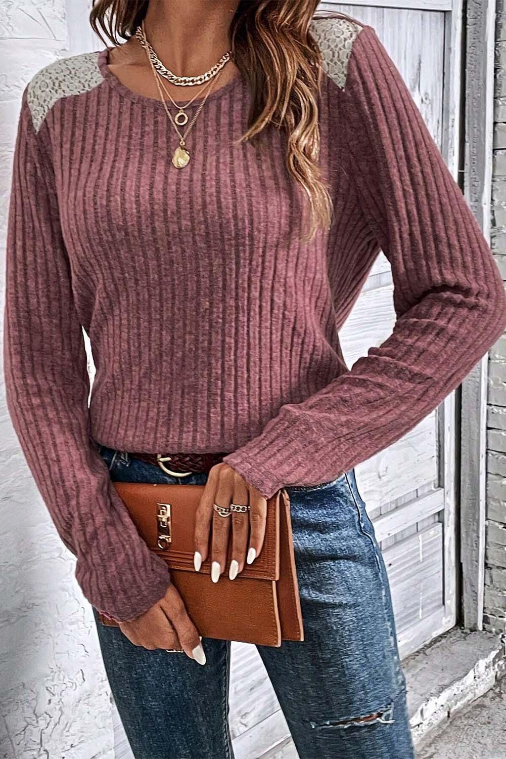 Pink Ribbed Knit Lace Patch Shoulder Casual Sweater - L & M Kee, LLC