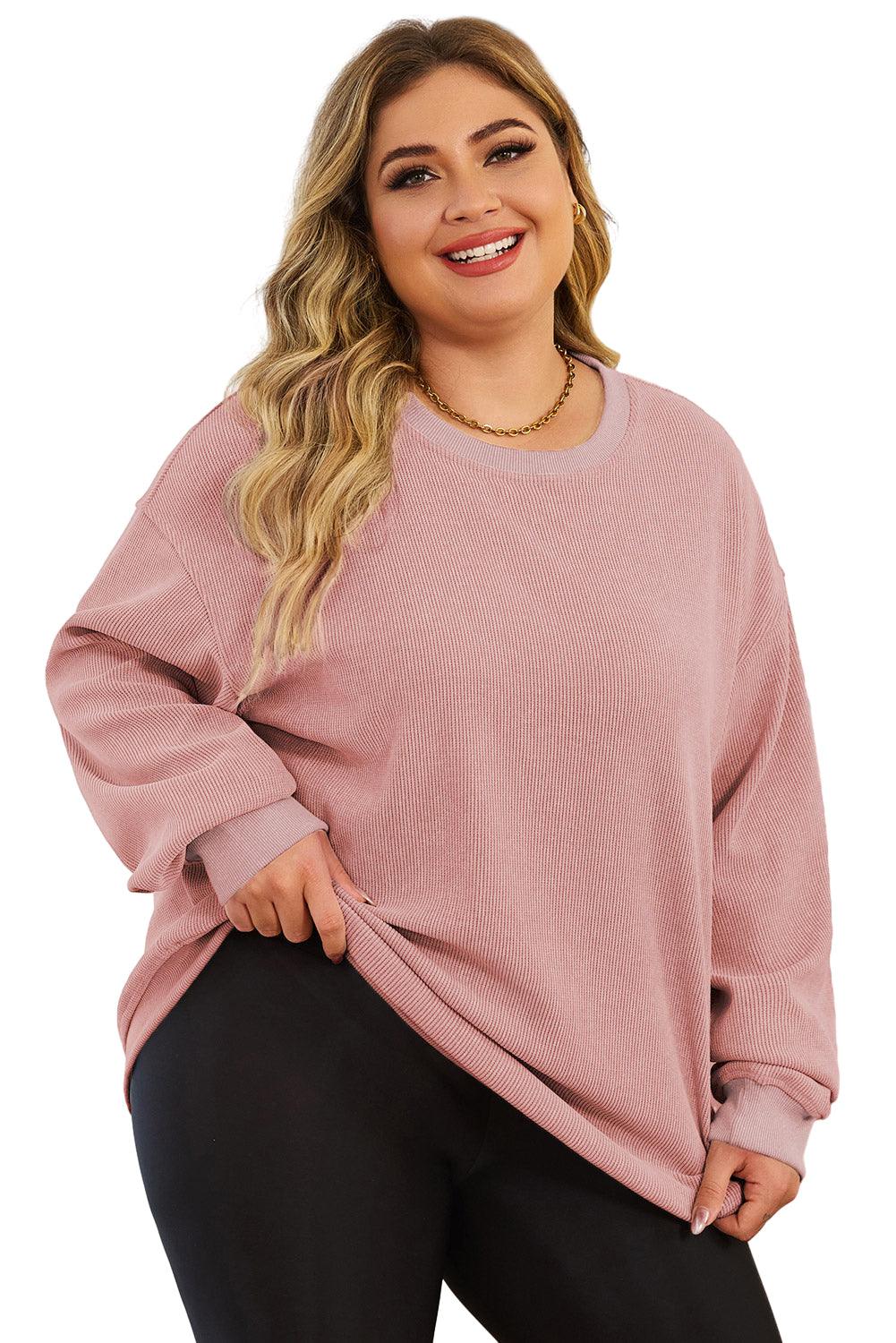 Pink Plus Size Corded Round Neck Sweatshirt - L & M Kee, LLC