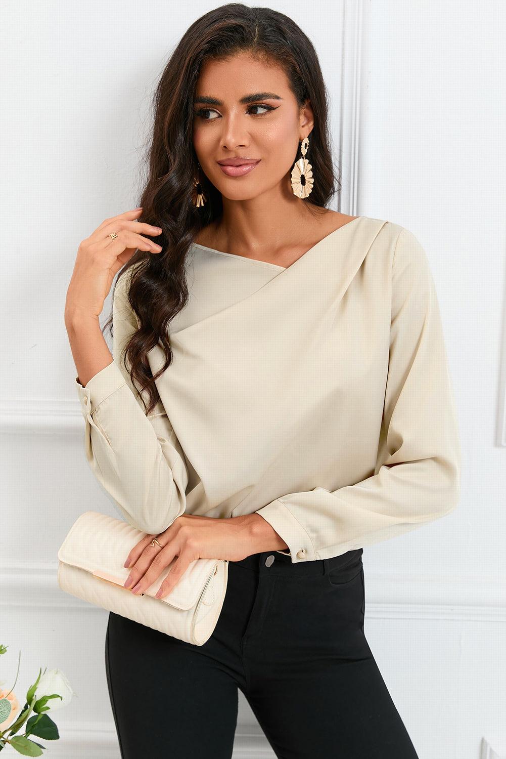 Solid Asymmetric V Neck Long Sleeve Satin Blouse - L & M Kee, LLC