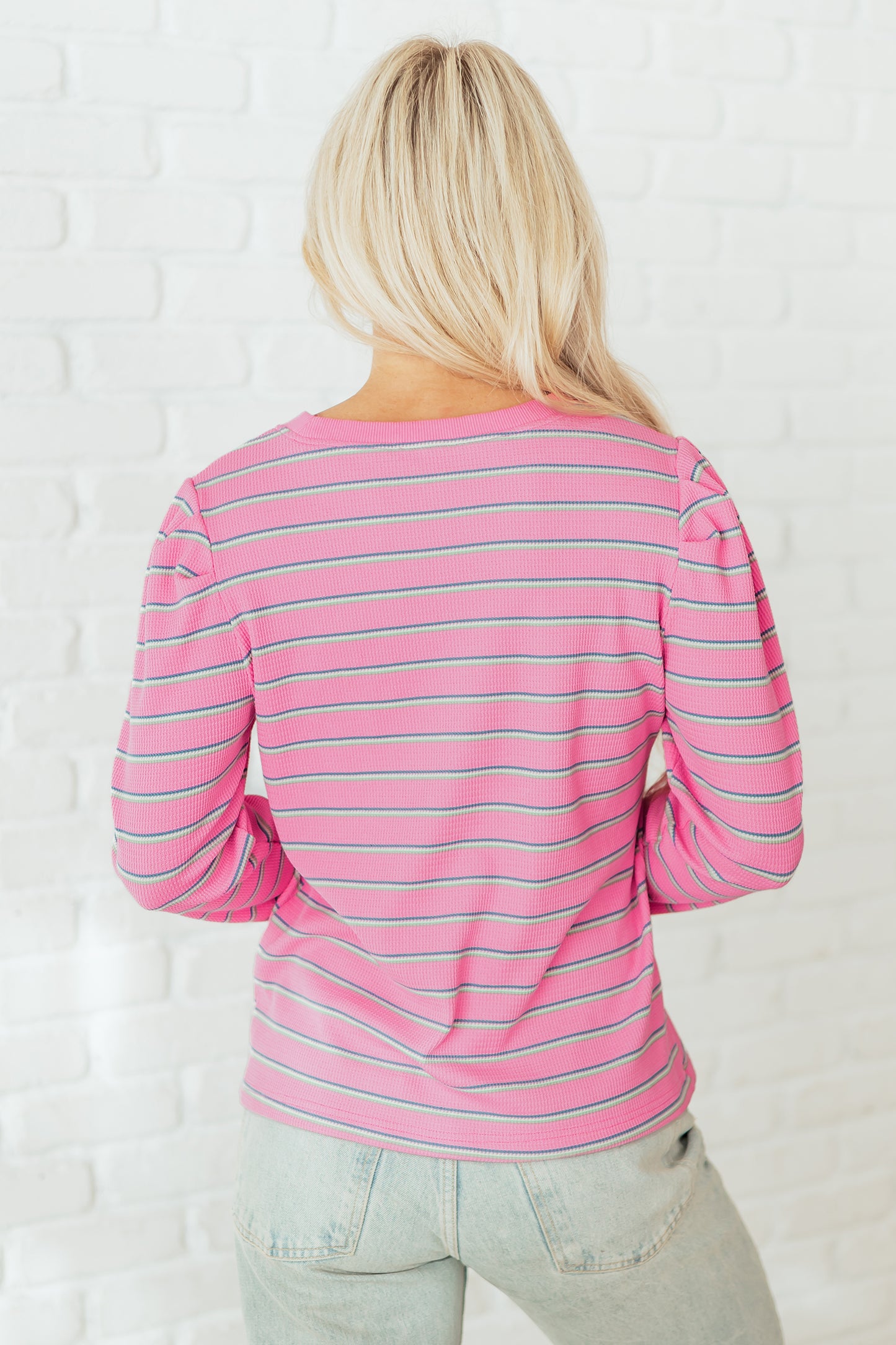 Rose Stripe Textured Knit Round Neck Long Sleeve Top