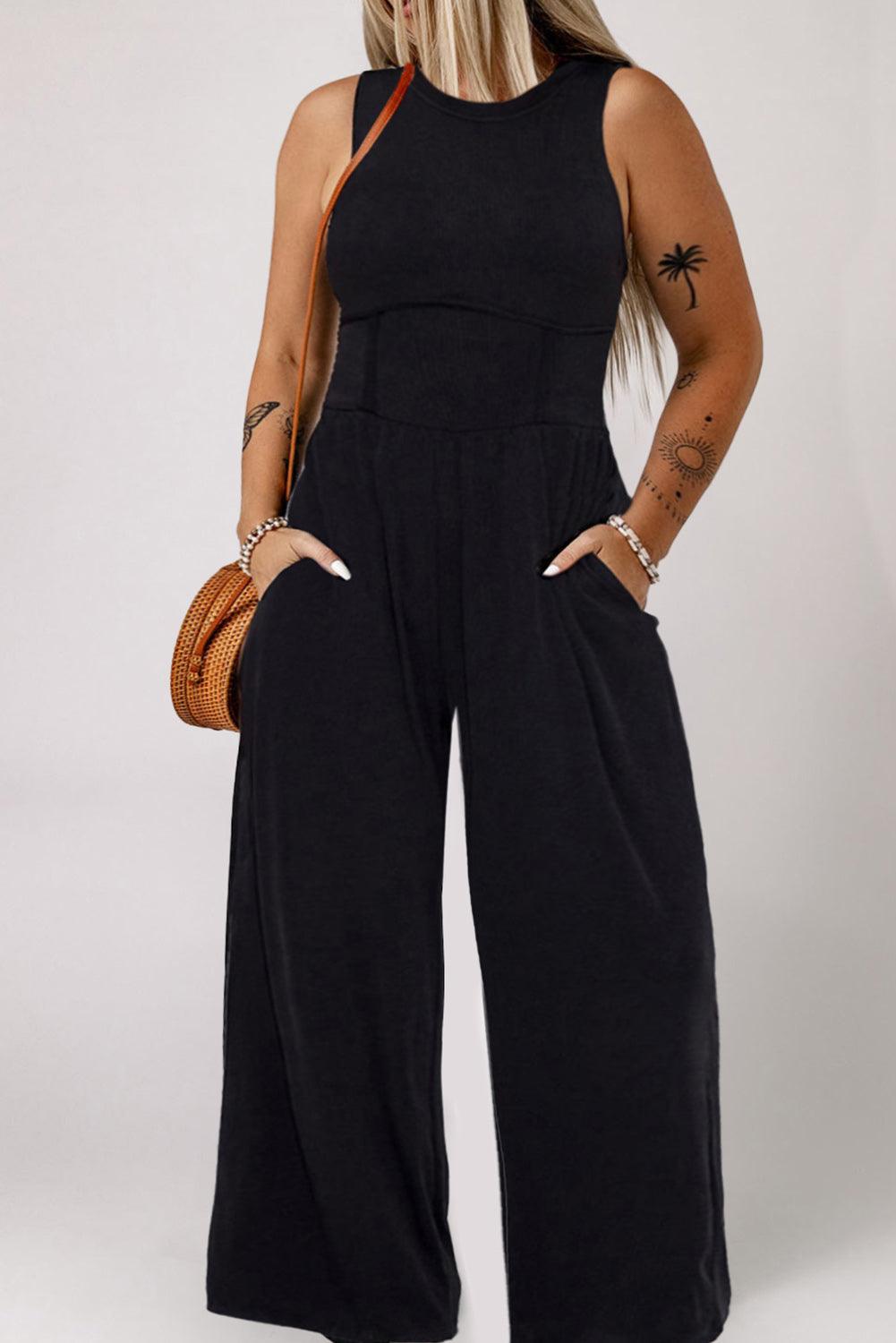 Black Plus Size Sleeveless Cinched Waist Wide Leg Jumpsuit - L & M Kee, LLC