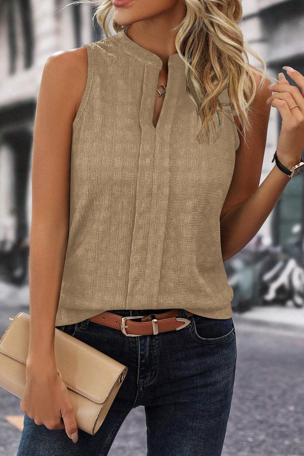 Light French Beige Lattice Textured Split Neck Tank Top - L & M Kee, LLC