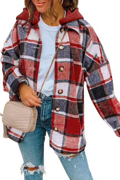 Red Hooded Plaid Button Front Shacket - L & M Kee, LLC