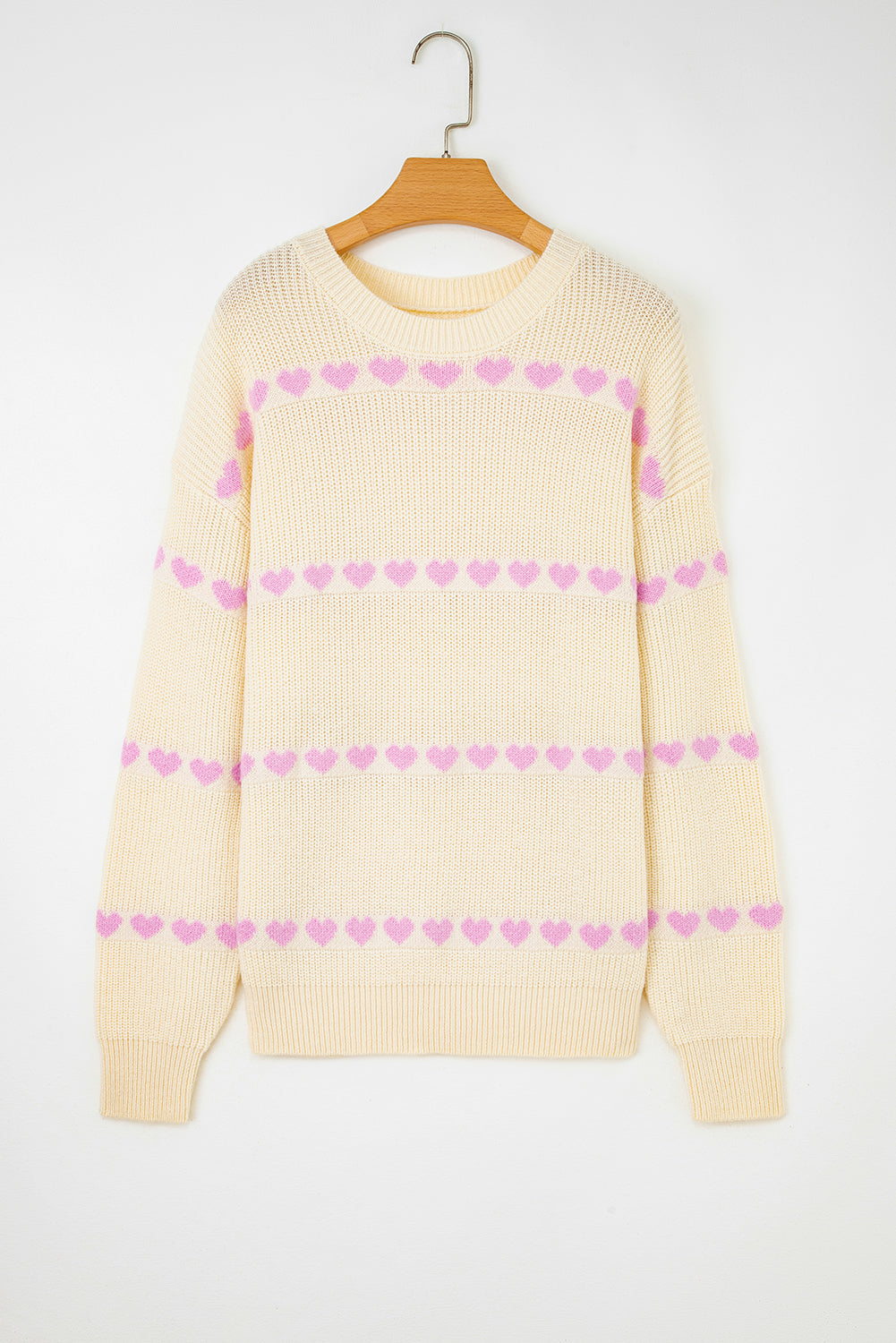 Pink Heart Pattern Valentine Ribbed Knit Sweater