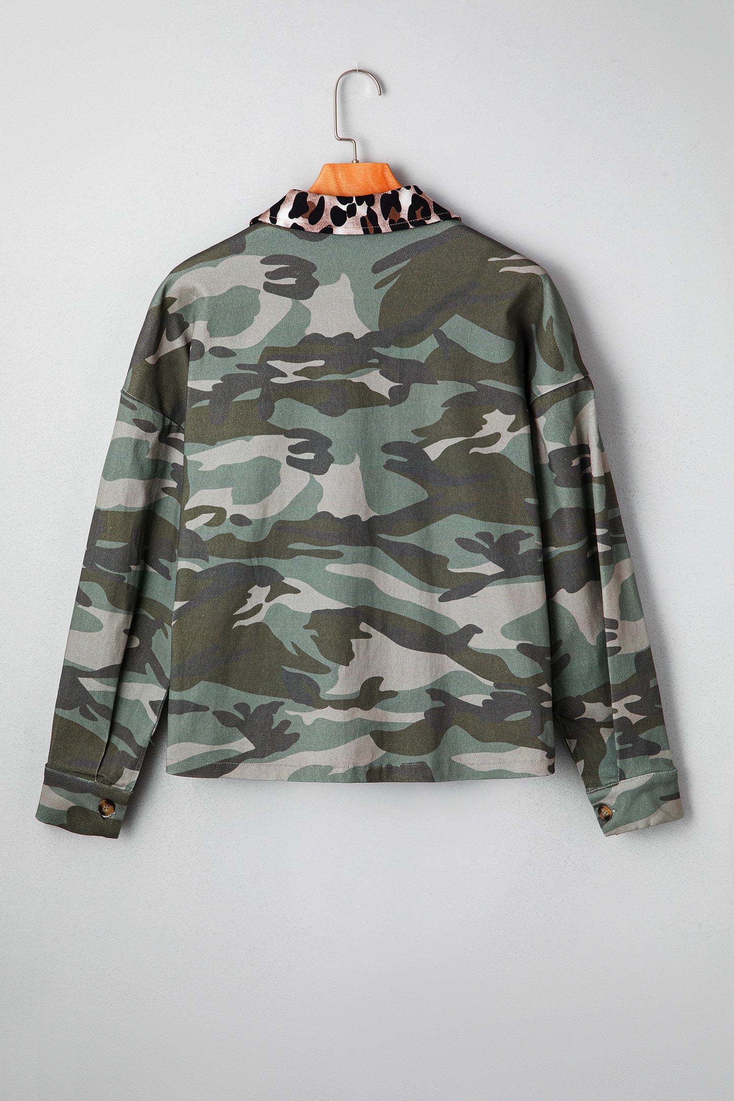 Green Camo Leopard Patchwork Flap Pocket Crop Jacket