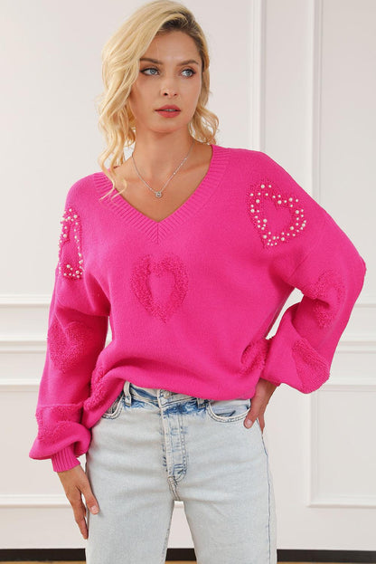 Rose Red Pearl Embellished Fuzzy Hearts V Neck Sweater - L & M Kee, LLC