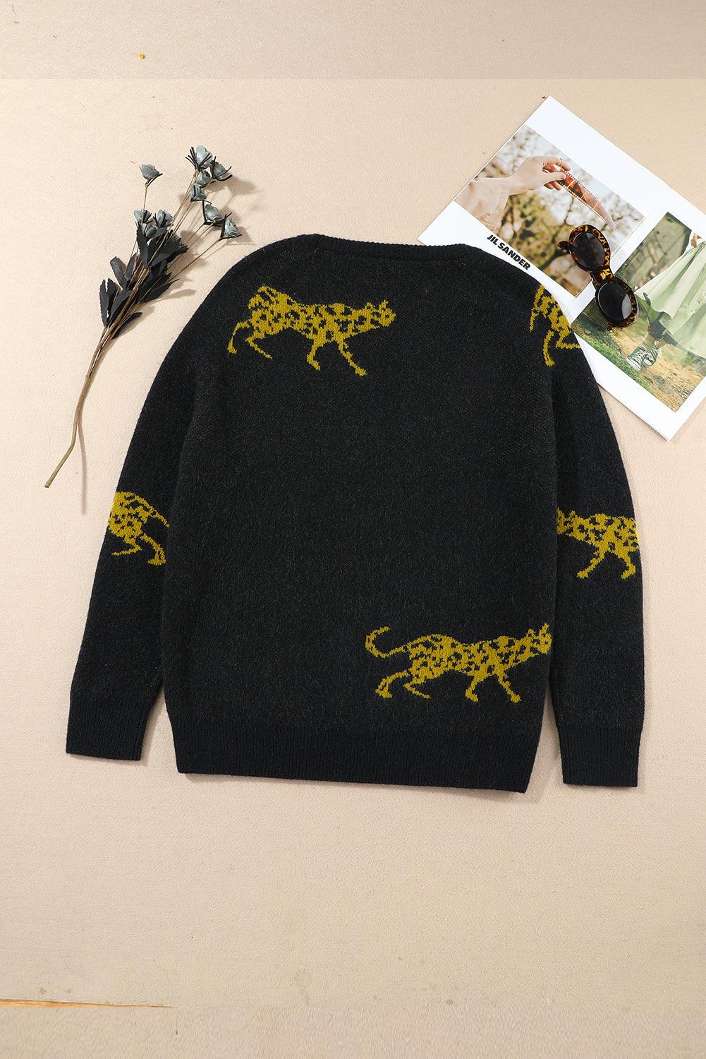 Black Cheetah Pattern Knit Round Neck Sweater - L & M Kee, LLC