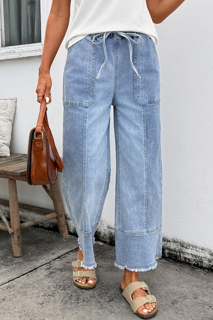 Gray Drawstring Seam Detail Raw Hem Wide Leg Denim Pants
