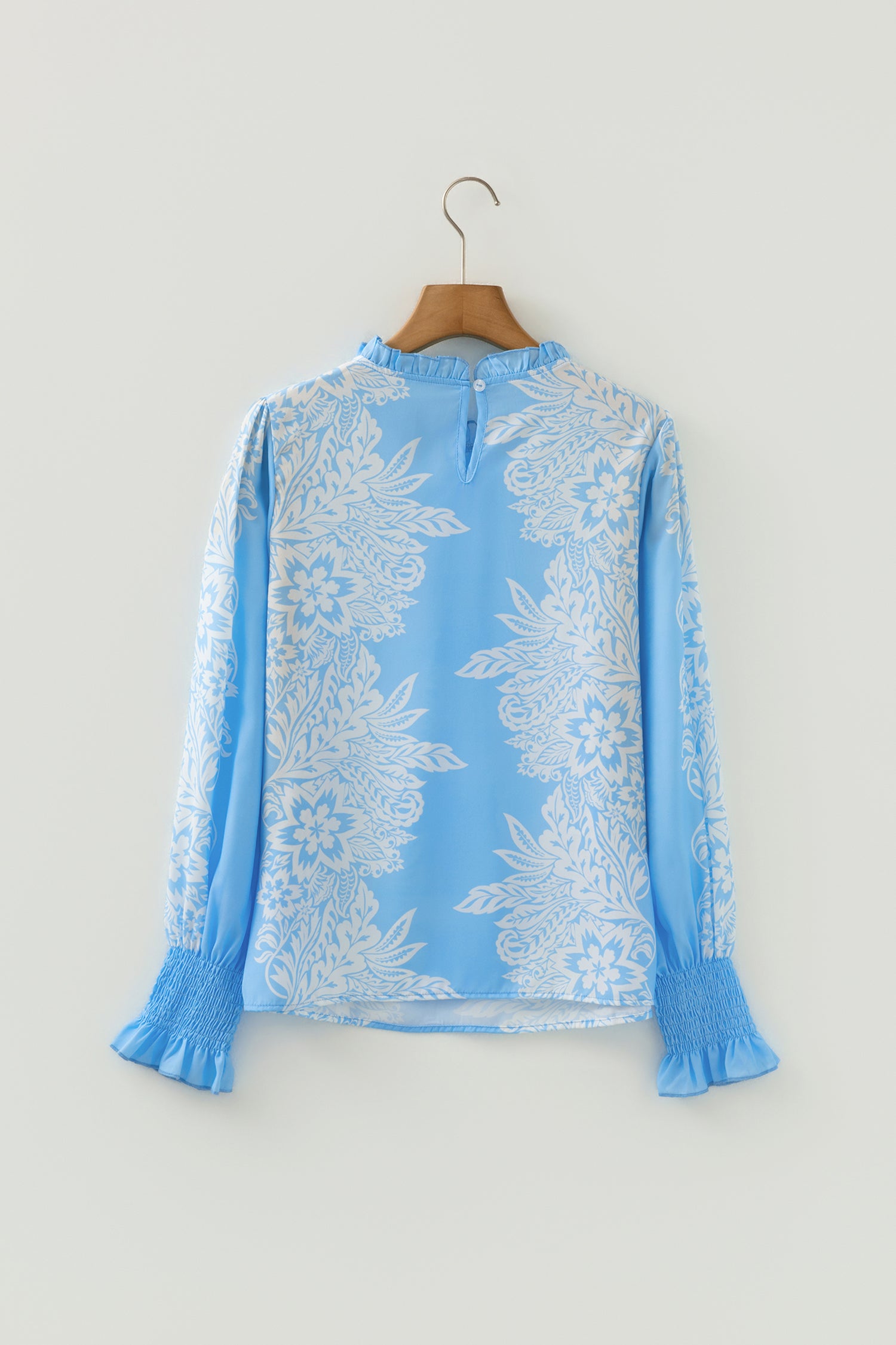 Sky Blue Ruffled Collar Puff Sleeve Flower Blouse