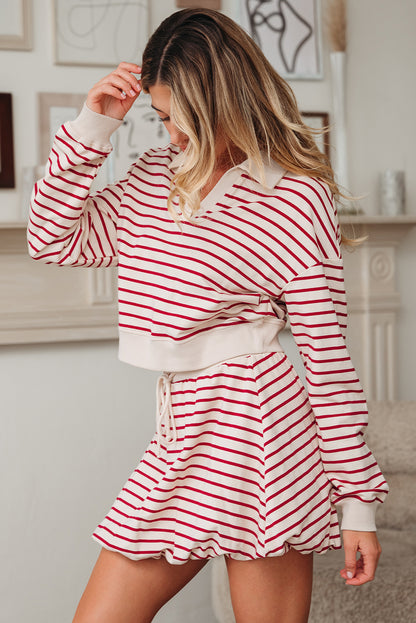 Red Stripe Cropped Collared Drop Shoulder Pullover and Bubble Mini Skirt Set