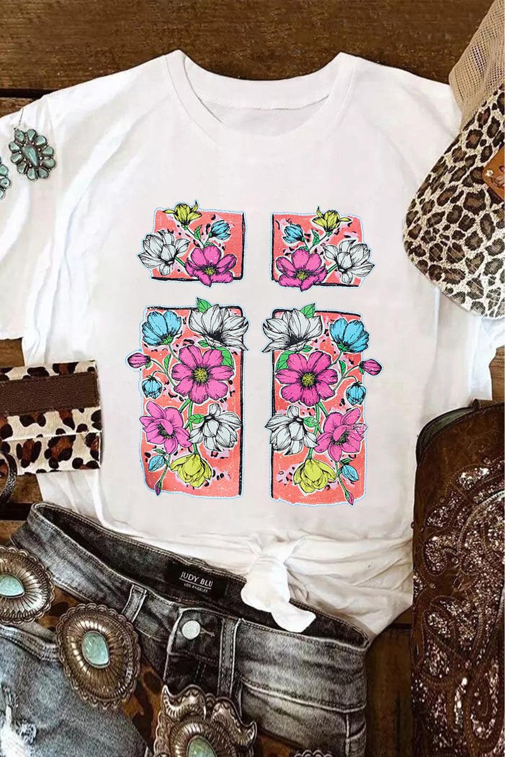 White Floral Crossed Graphic Easter Round Neck T Shirt - L & M Kee, LLC