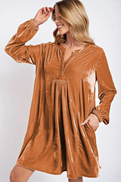 Chestnut Split Neck Velvet Tunic Dress - L & M Kee, LLC