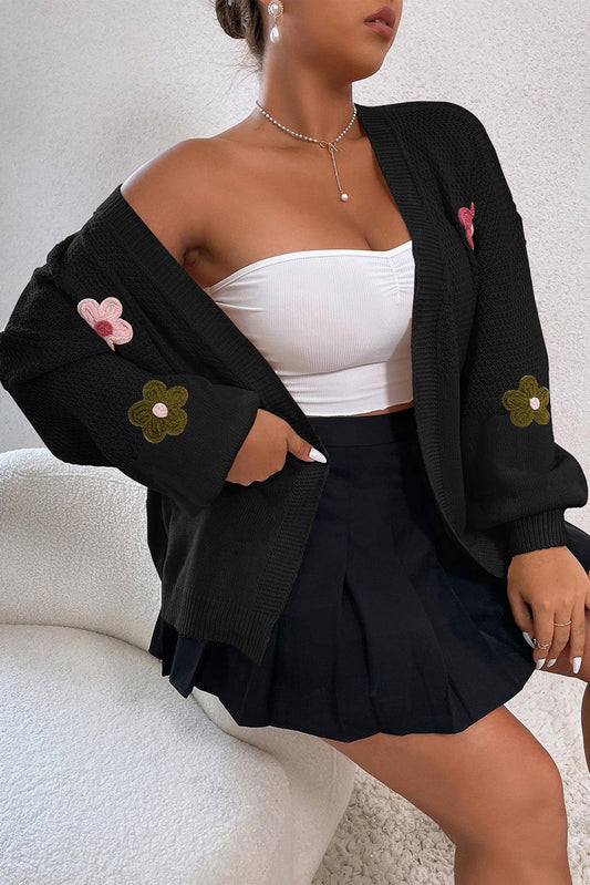 Black Floral Applique Drop Shoulder Bubble Sleeve Cardigan - L & M Kee, LLC