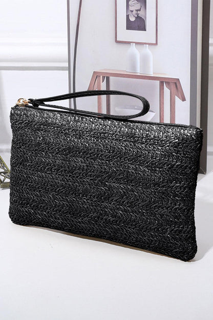 Black Straw Woven Wrist Strap Zipper Large Wallet - L & M Kee, LLC