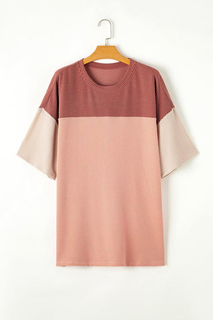 Rose Pink Plus Size Ribbed Colorblock T-shirt - L & M Kee, LLC