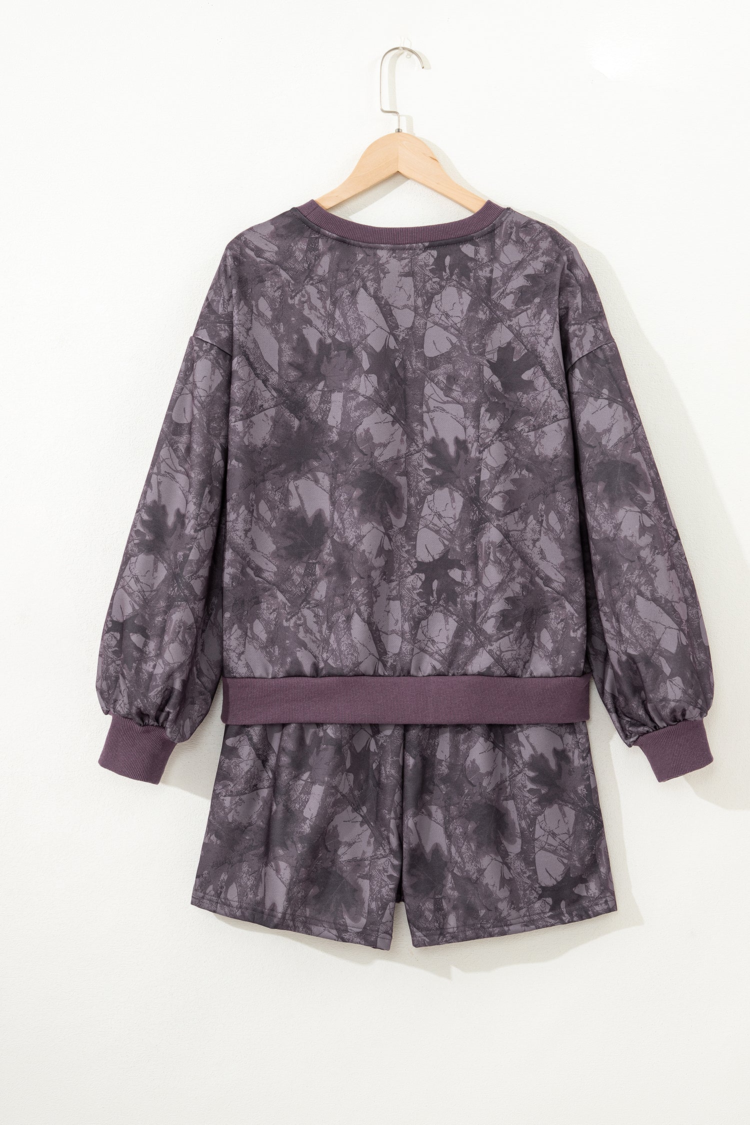 Brown Abstract Woodland Camo Print Baggy Pullover Drawstring Shorts Set