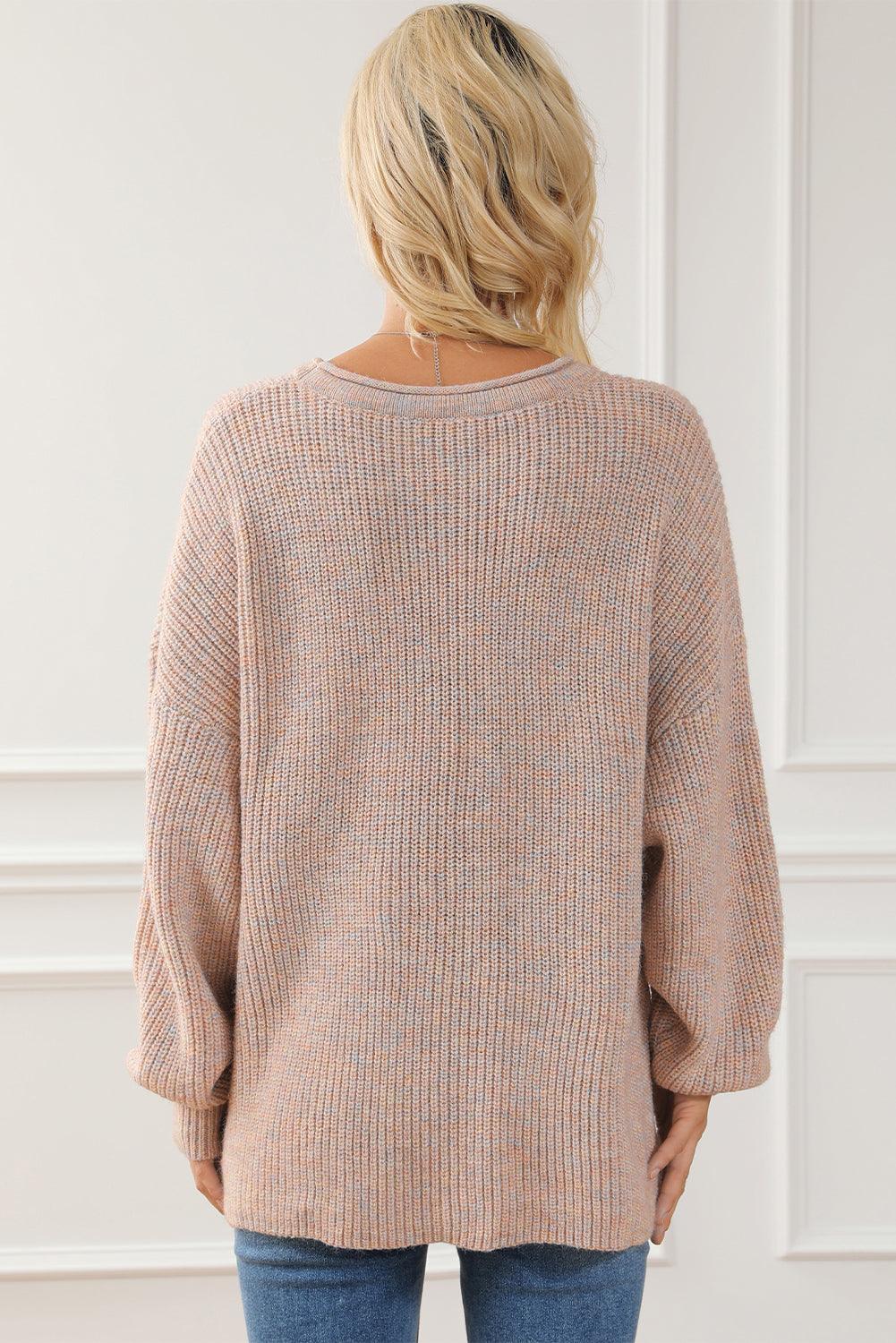 Multicolor Rolled Round Neck Drop Shoulder Sweater - L & M Kee, LLC