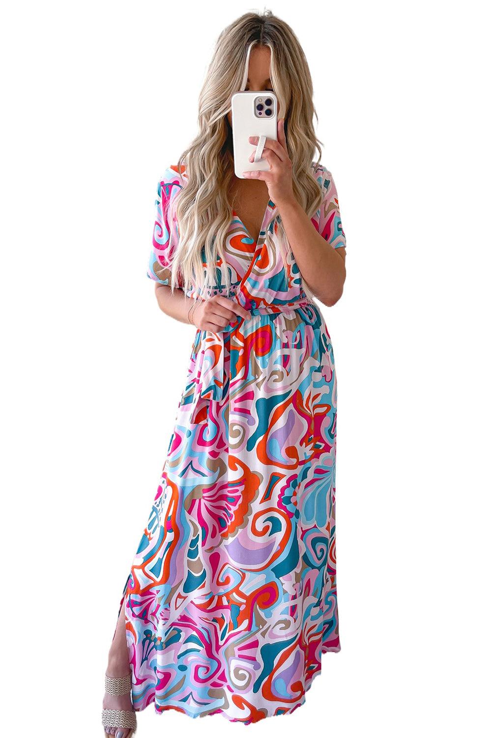 Multicolor Abstract Printed Wrap V Neck Belted Maxi Dress - L & M Kee, LLC