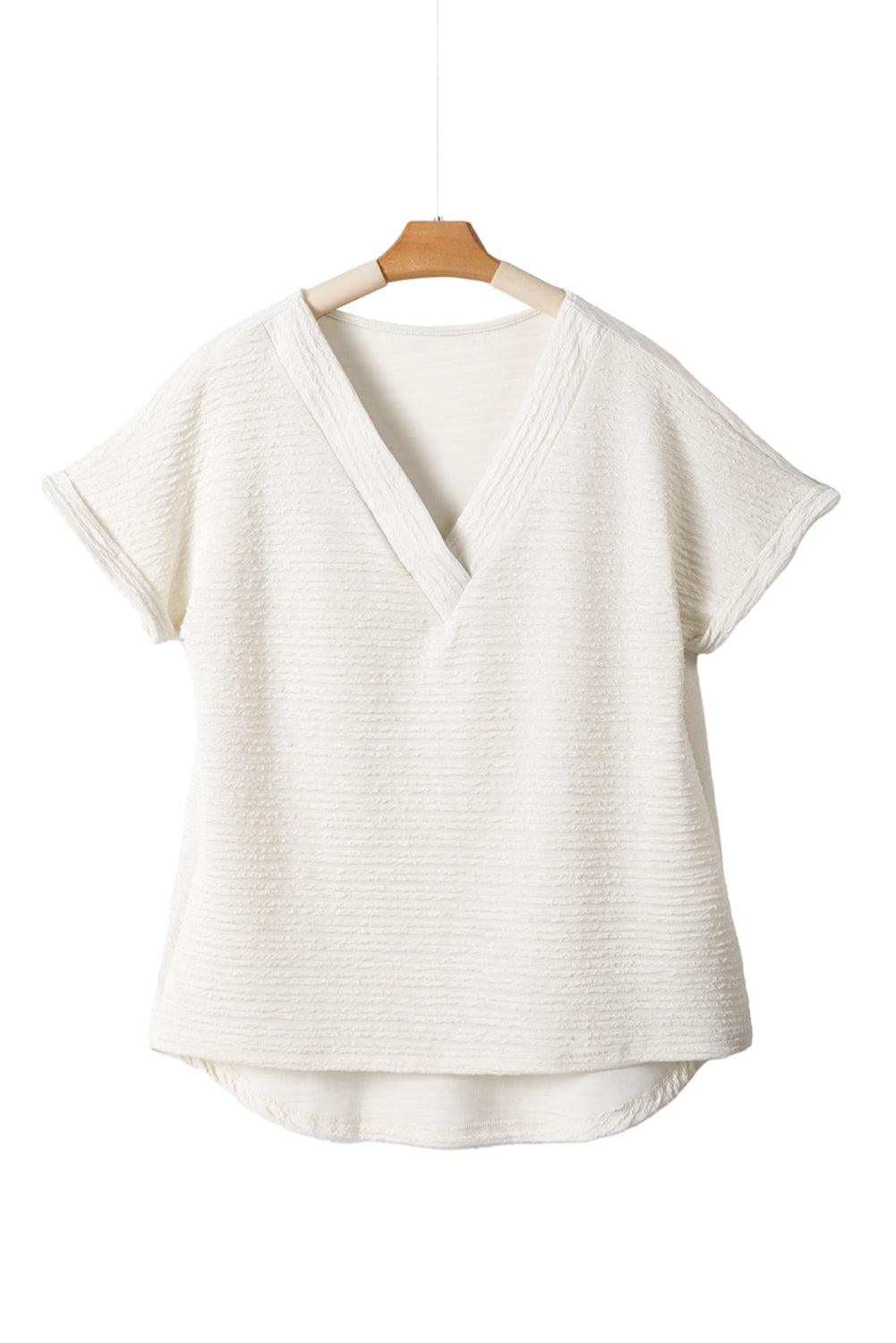 Pale Khaki Textured Wide Sleeve V Neck T Shirt - L & M Kee, LLC