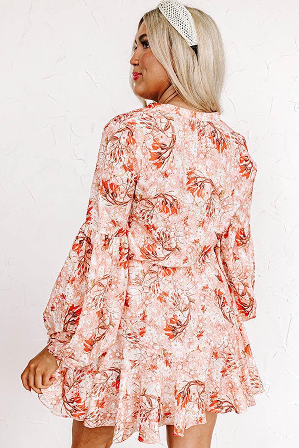 Orange Bubble Sleeve Cinched Waist Floral Dress - L & M Kee, LLC