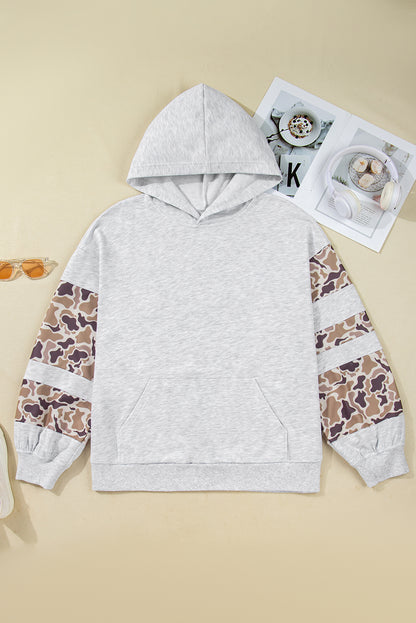 Light Grey Camouflage Patchwork Asymmetric Sleeve Plus Size Hoodie
