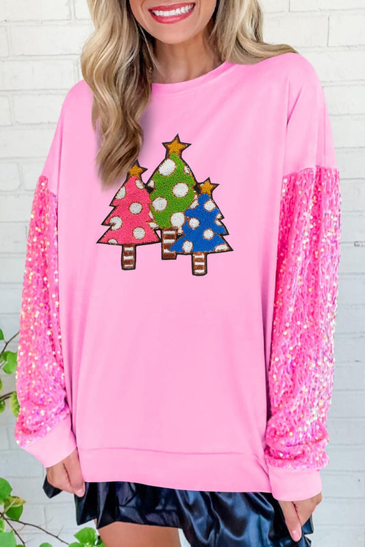 Pink Sequined Sleeve Christmas Tree Graphic Sweatshirt - L & M Kee, LLC