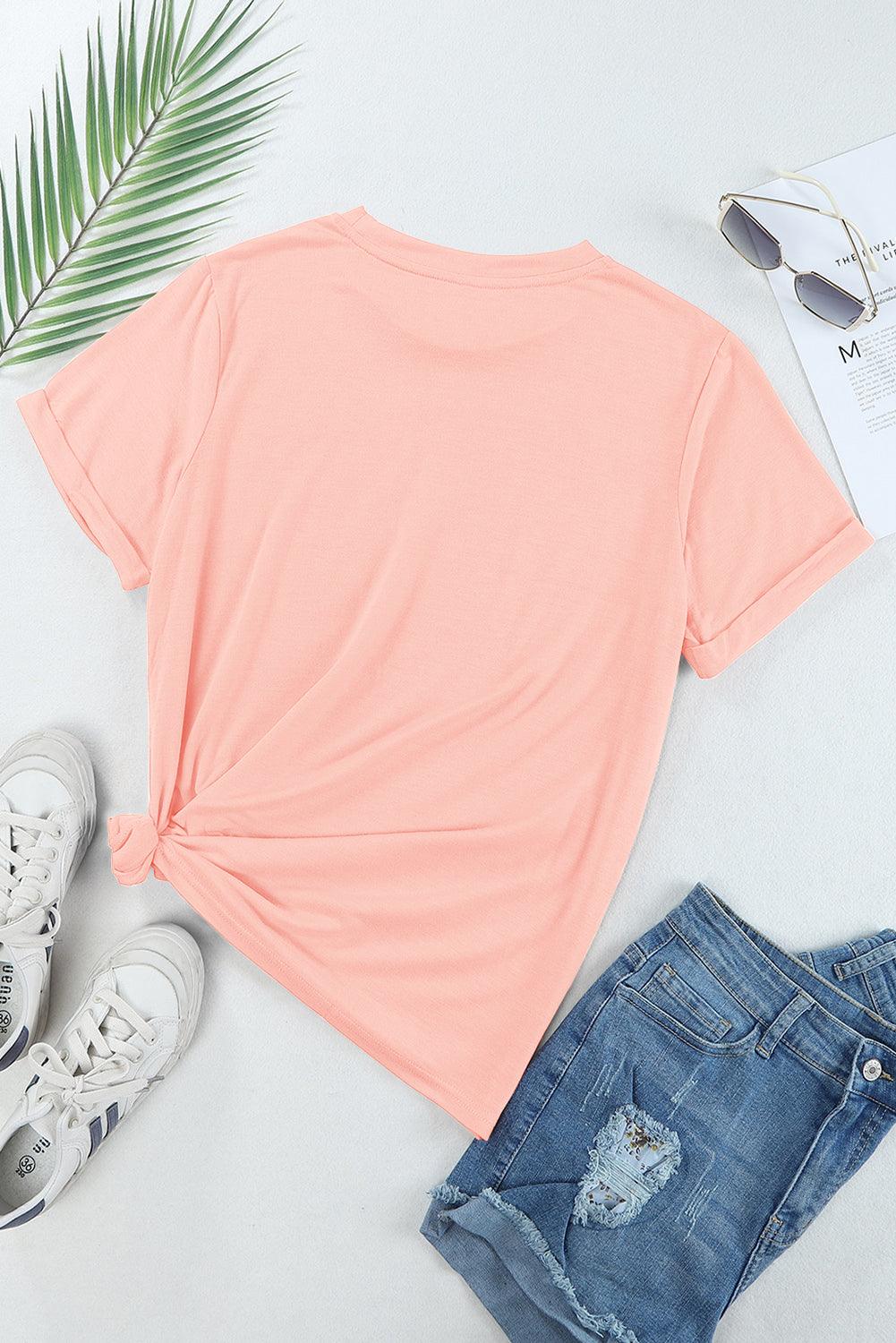 Pink Casual Plain Crew Neck Tee - L & M Kee, LLC