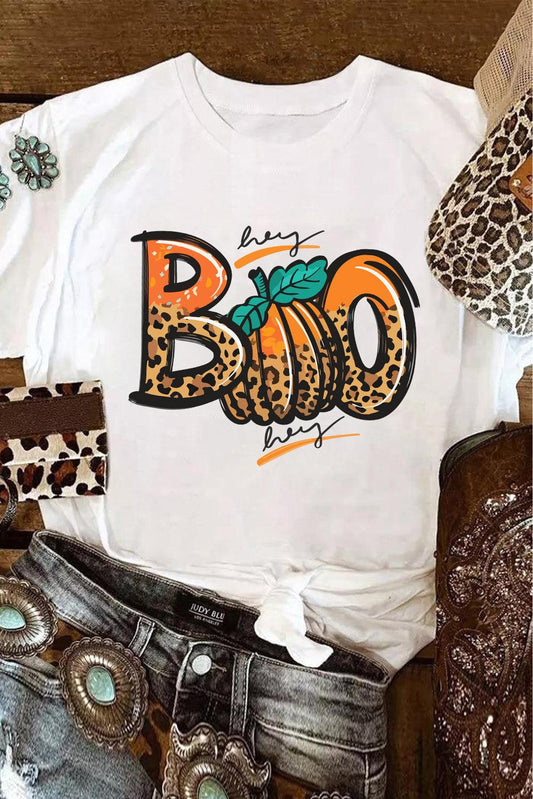 White BOO Pumpkin Leopard Print Crew Neck T Shirt - L & M Kee, LLC