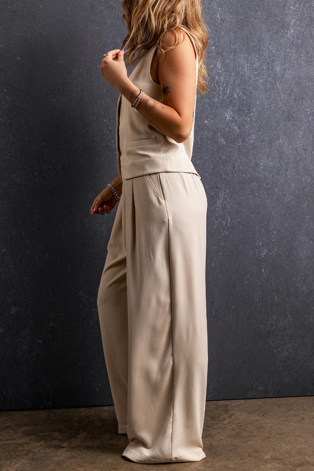 Apricot Elastic Waist Pleated Wide Leg Pants - L & M Kee, LLC