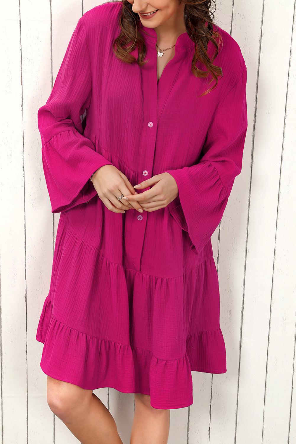 Crinkled Tiered Split Neck Shirt Dress - L & M Kee, LLC