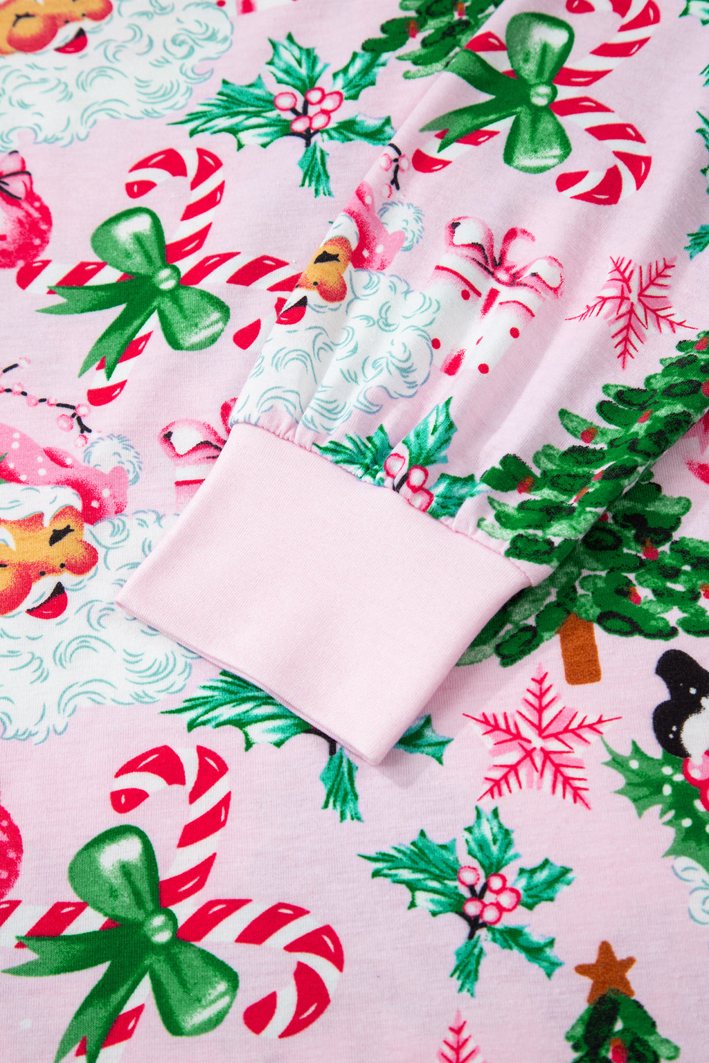 Pink Christmas Pattern Button V Neck Pullover Drawstring Pants 2pcs Lounge Set