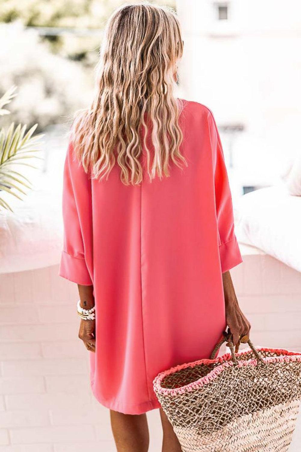 Strawberry Pink V Neck Dolman Sleeve Short Shift Dress - L & M Kee, LLC