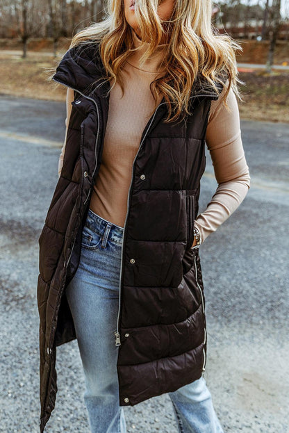 Black Hooded Long Quilted Vest Coat - L & M Kee, LLC