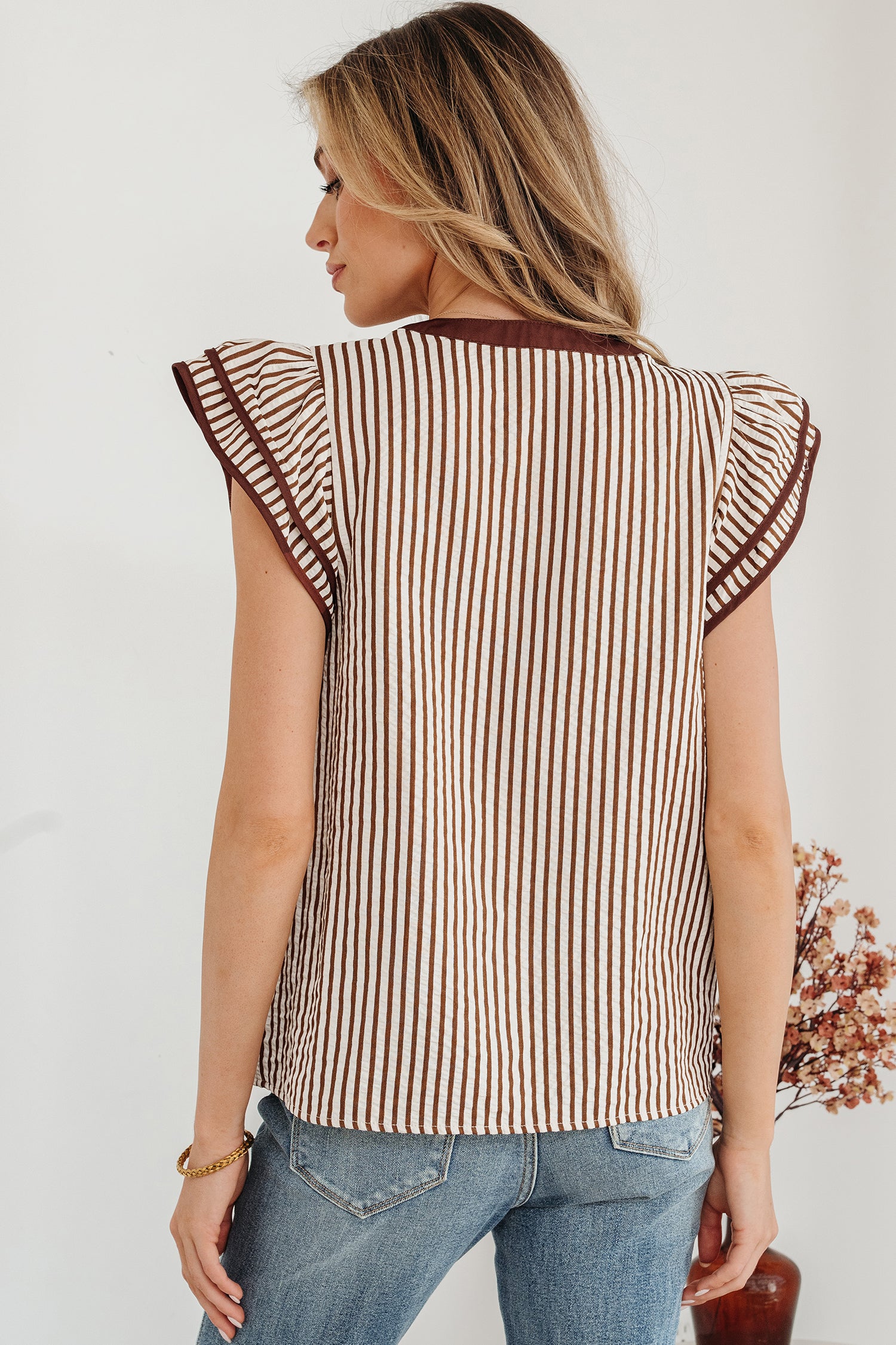 Khaki Stripe Double Ruffled Short Sleeve V Neck Blouse