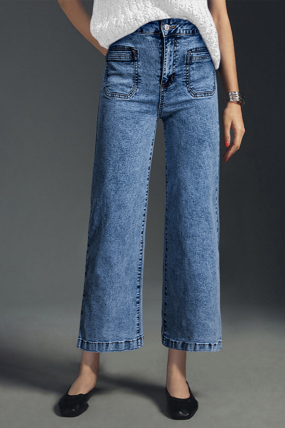 Light Blue Chic Patch Pocket Straight Leg Loose Jeans