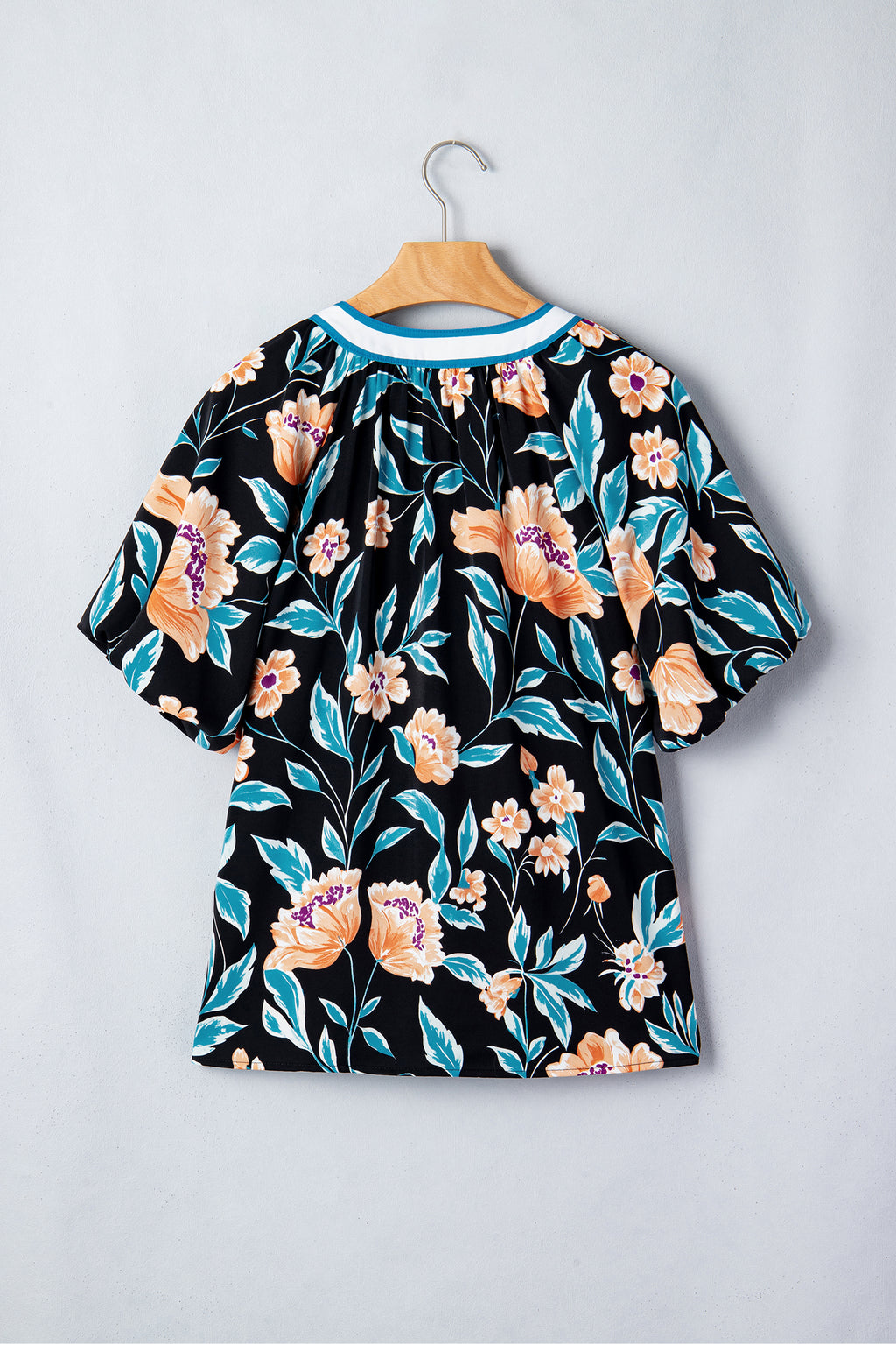 Black Floral Short Bubble Sleeve Buttoned Notched Neck Blouse